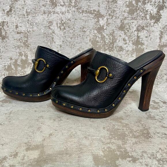 Gucci Horse Bit Leather Clog Mules with Wooden Heel in Black - Picture 4 of 10
